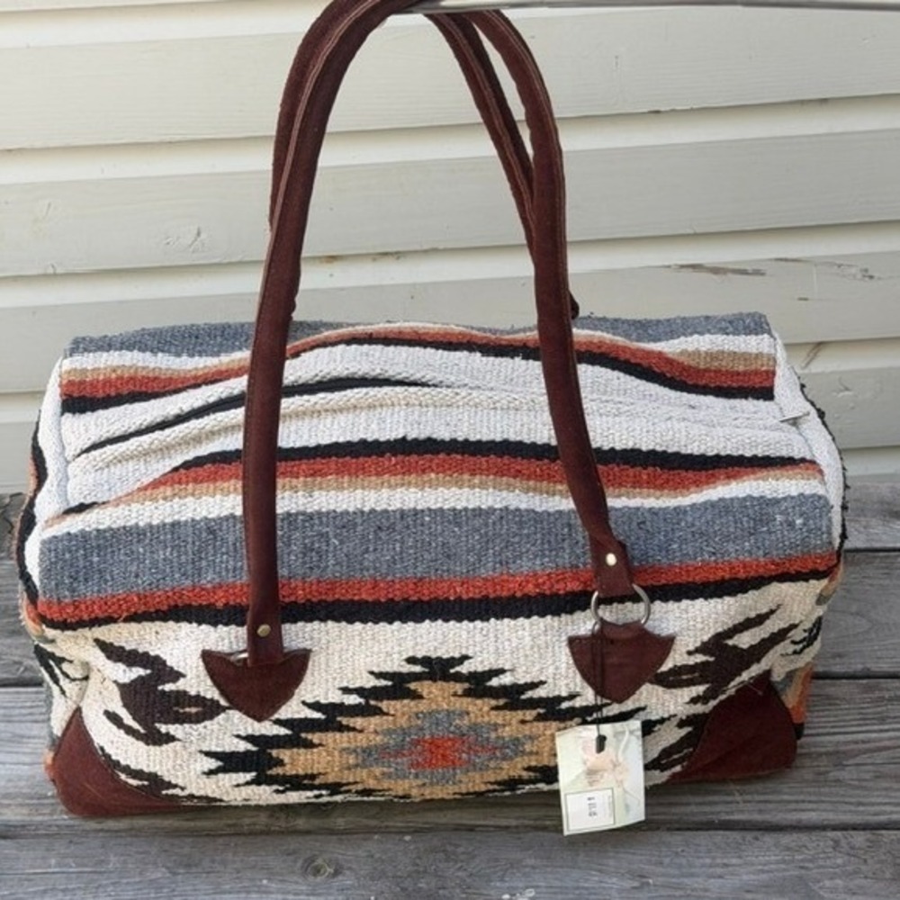 Texas Hill and Home Southwestern Wool Leather Duffel Bag Weekender Brown Cream